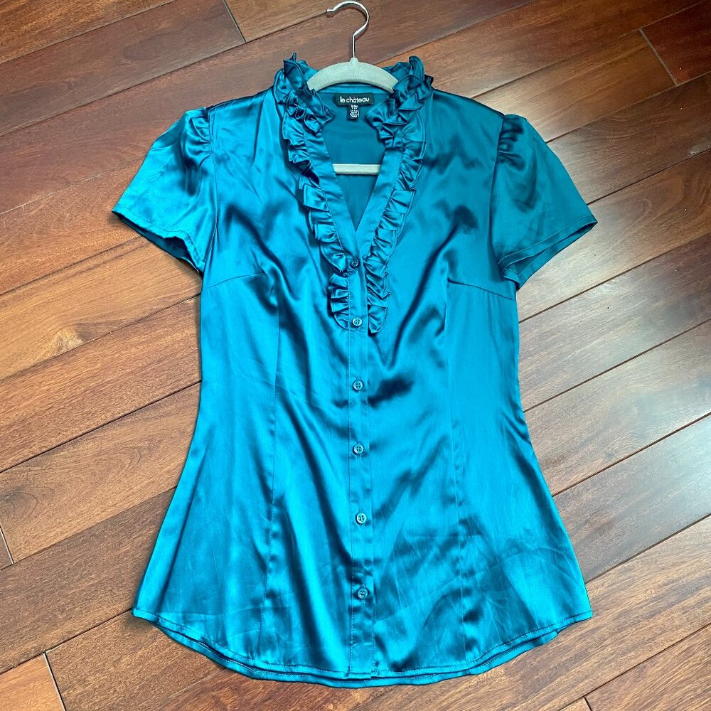 Turquoise *Silk* Short Sleeve Button-Front Blouse with Ruffled Collar - Size XXS